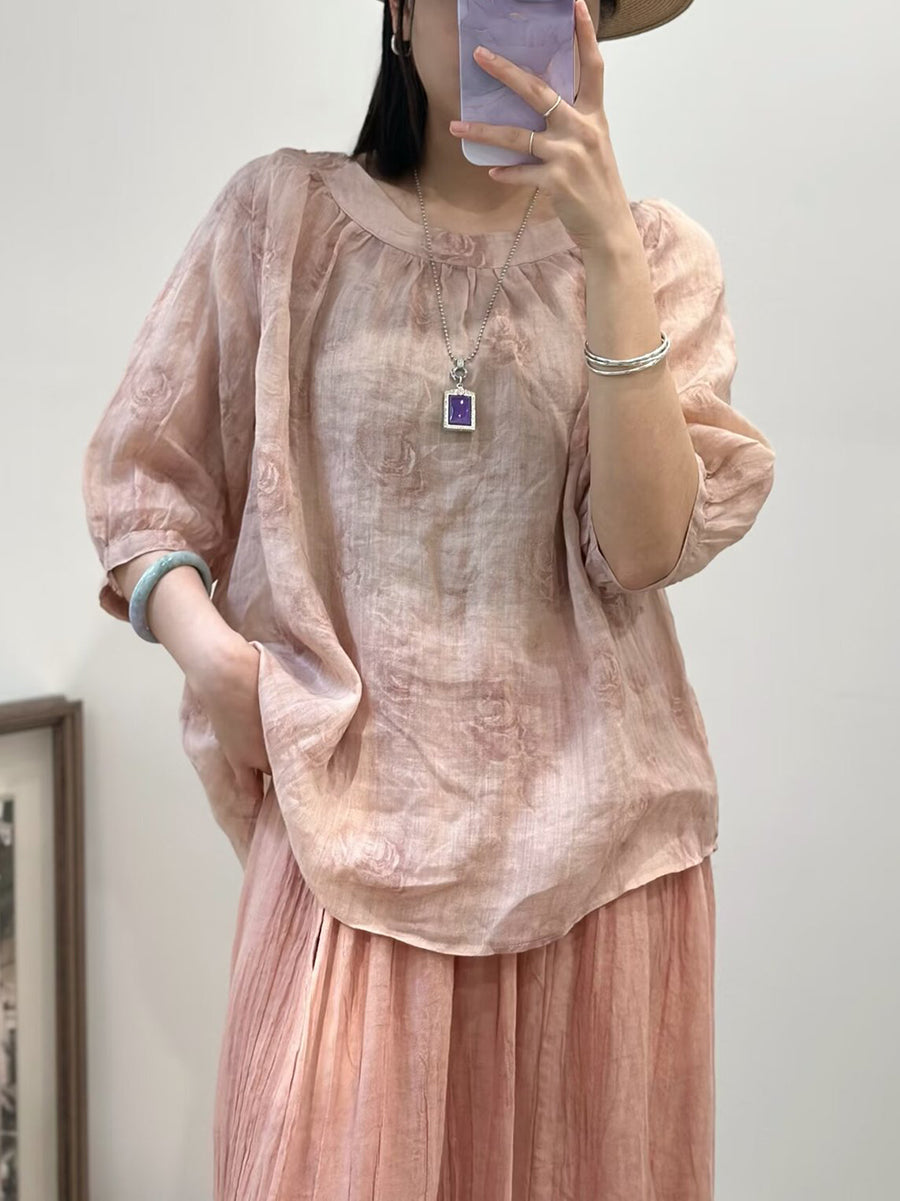 Women Summer Casual Rose Print O-Neck Ramie Shirt FG1006 Ada Fashion