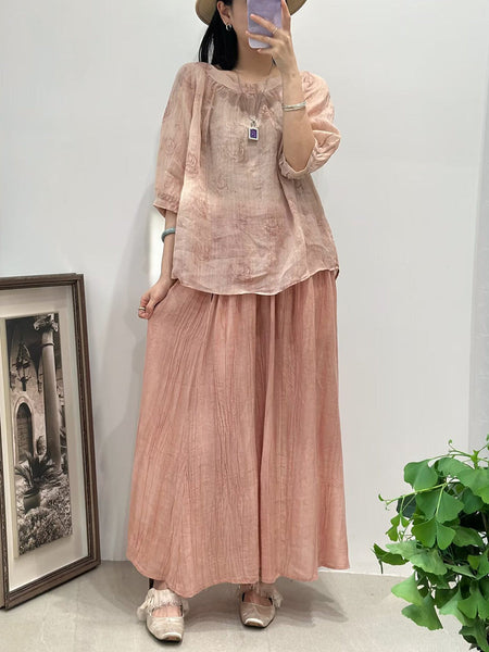 Women Summer Casual Rose Print O-Neck Ramie Shirt FG1006 Ada Fashion