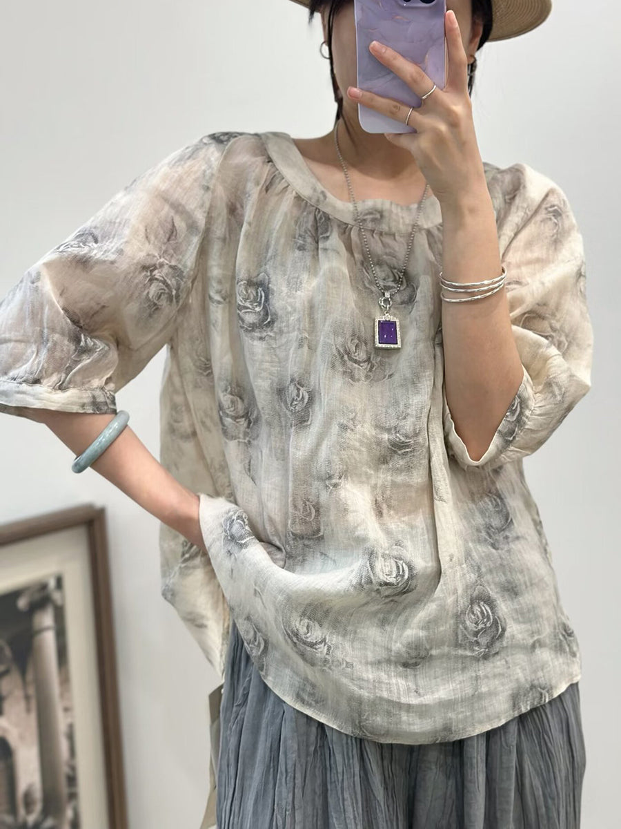 Women Summer Casual Rose Print O-Neck Ramie Shirt FG1006 Ada Fashion