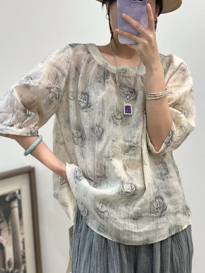 Women Summer Casual Rose Print O-Neck Ramie Shirt FG1006 Ada Fashion