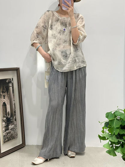 Women Summer Casual Rose Print O-Neck Ramie Shirt FG1006 Ada Fashion