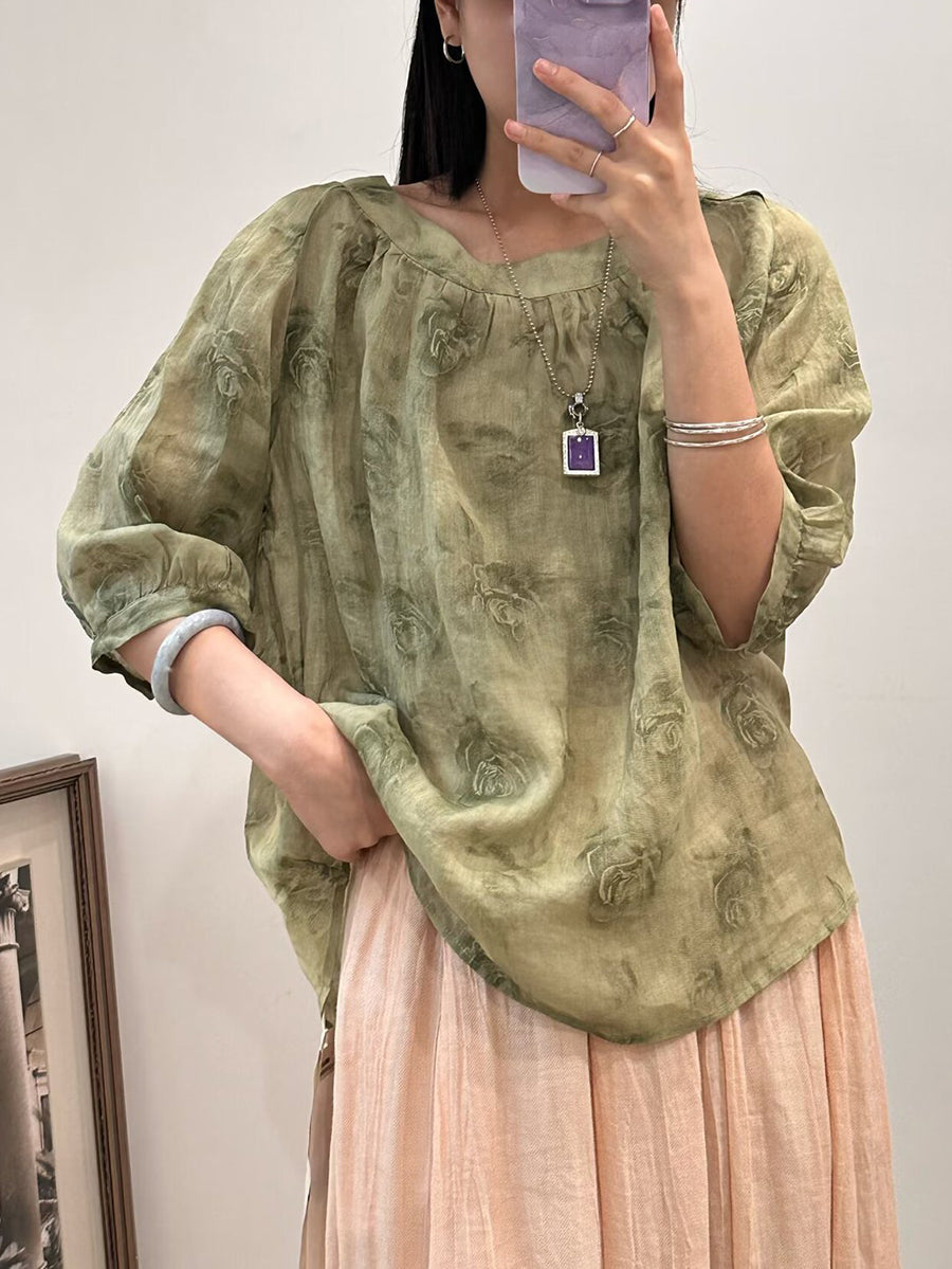 Women Summer Casual Rose Print O-Neck Ramie Shirt FG1006 Ada Fashion