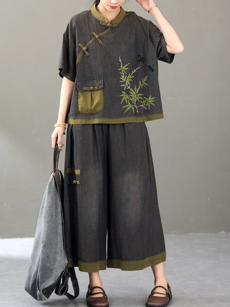 Women Summer Retro Colorblock Embroidery Denim Suits FG1011 Ada Fashion