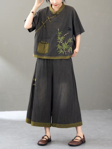 Women Summer Retro Colorblock Embroidery Denim Suits FG1011 Ada Fashion