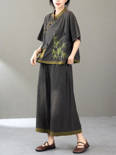 Women Summer Retro Colorblock Embroidery Denim Suits FG1011 Ada Fashion