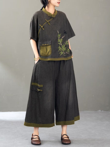 Women Summer Retro Colorblock Embroidery Denim Suits FG1011 Ada Fashion