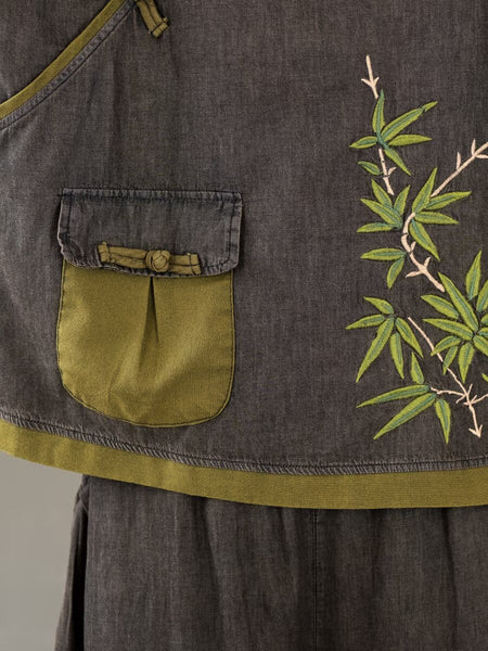 Women Summer Retro Colorblock Embroidery Denim Suits FG1011 Ada Fashion