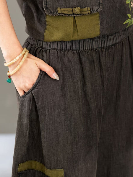 Women Summer Retro Colorblock Embroidery Denim Suits FG1011 Ada Fashion