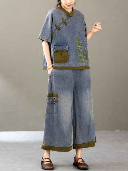 Women Summer Retro Colorblock Embroidery Denim Suits FG1011 Ada Fashion