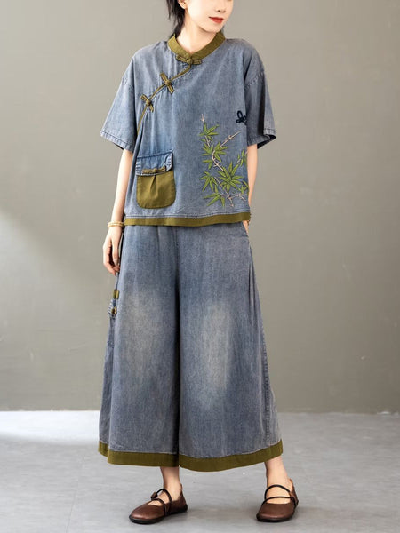 Women Summer Retro Colorblock Embroidery Denim Suits FG1011 Ada Fashion