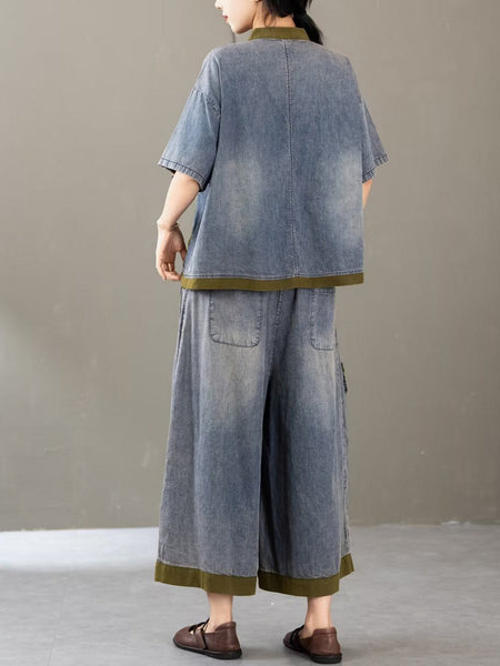 Women Summer Retro Colorblock Embroidery Denim Suits FG1011 Ada Fashion