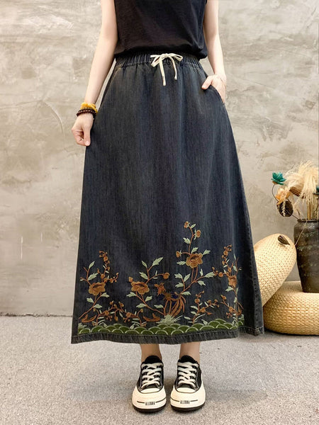 Women Summer Artsy Flower Embroidert Denim Skirt FG1009 Ada Fashion