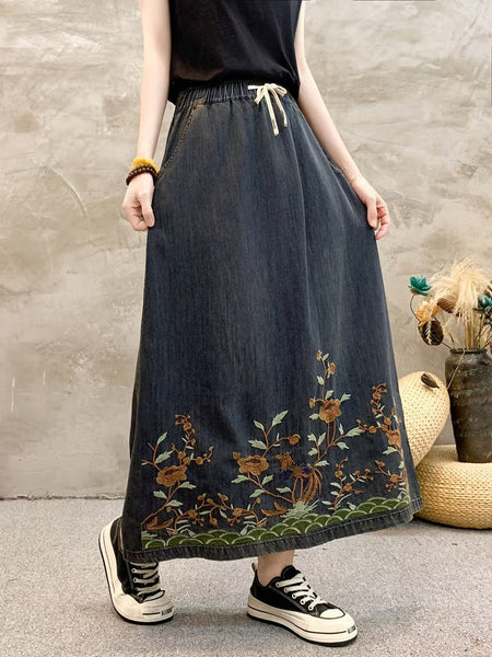 Women Summer Artsy Flower Embroidert Denim Skirt FG1009 Ada Fashion