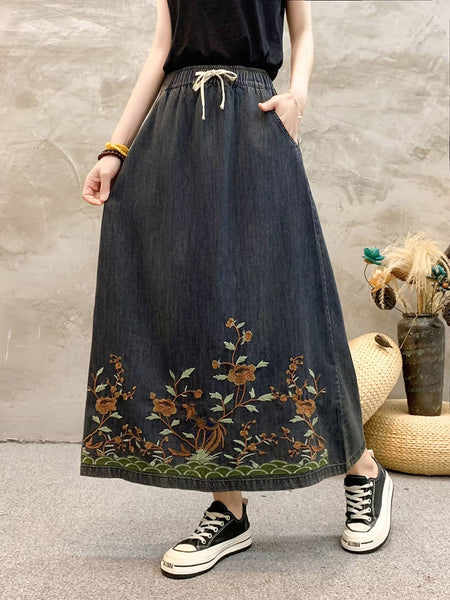 Women Summer Artsy Flower Embroidert Denim Skirt FG1009 Ada Fashion