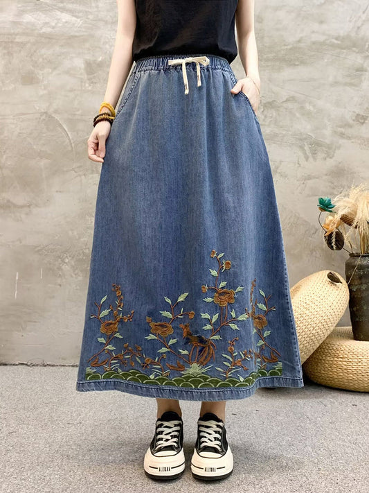 Women Summer Artsy Flower Embroidert Denim Skirt FG1009 Ada Fashion