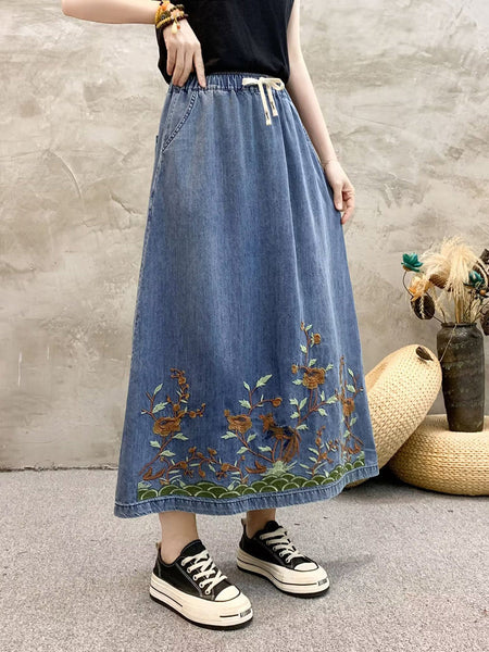 Women Summer Artsy Flower Embroidert Denim Skirt FG1009 Ada Fashion