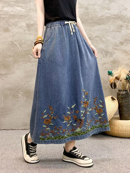 Women Summer Artsy Flower Embroidert Denim Skirt FG1009 Ada Fashion