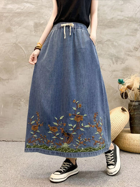 Women Summer Artsy Flower Embroidert Denim Skirt FG1009 Ada Fashion