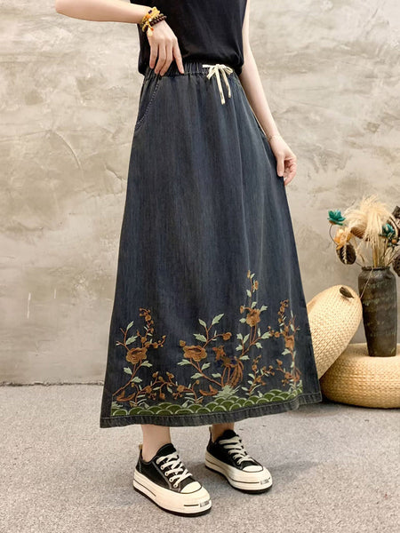 Women Summer Artsy Flower Embroidert Denim Skirt FG1009 Ada Fashion