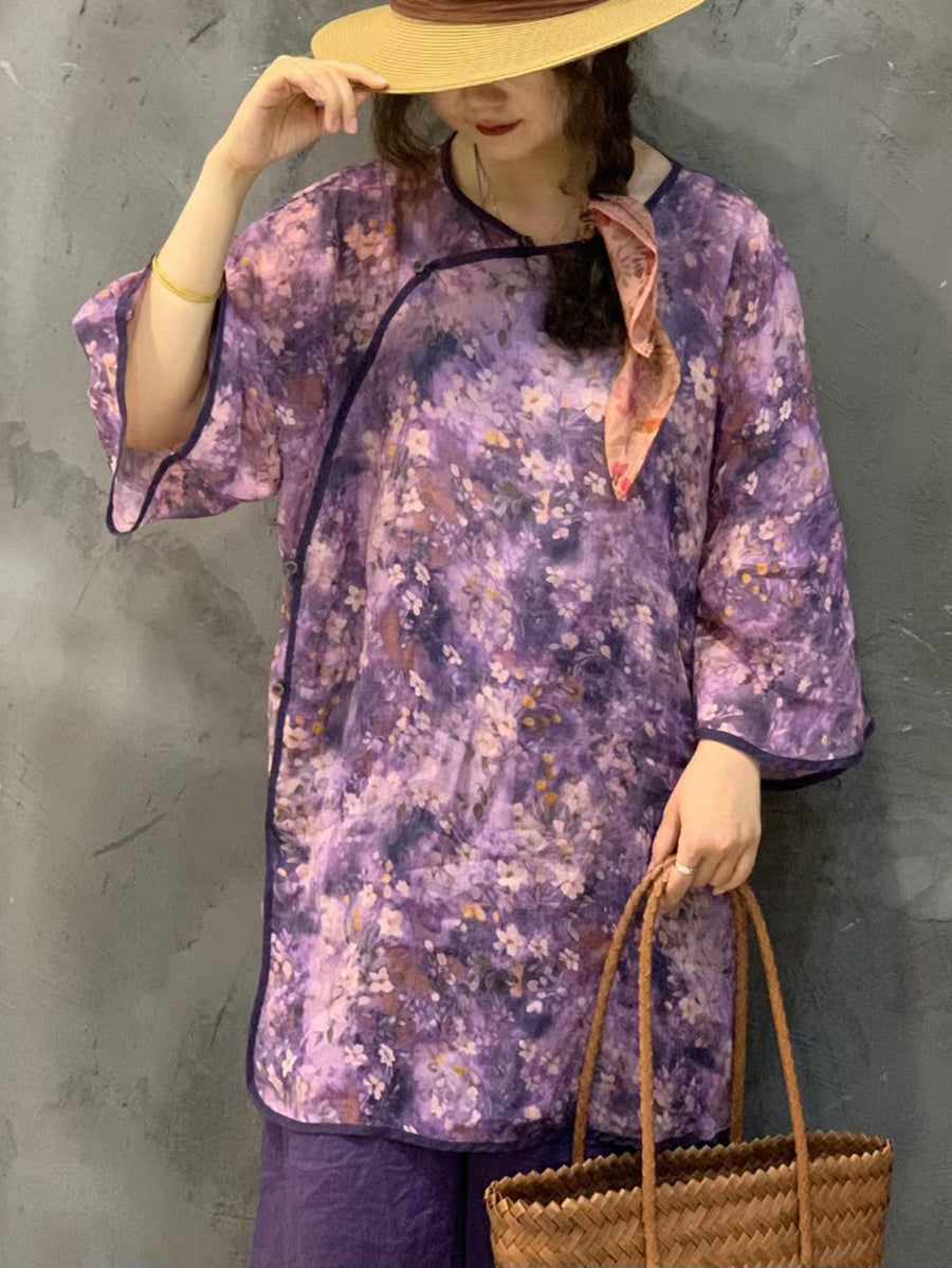 Women Summer Ethnic Flower Spliced Long Ramie Shirt FG1015 Ada Fashion