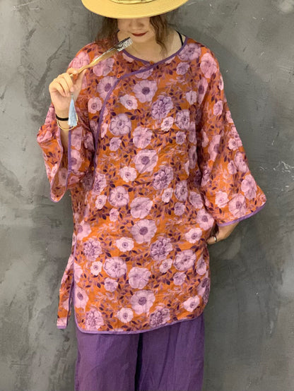 Women Summer Ethnic Flower Spliced Long Ramie Shirt FG1015 Ada Fashion