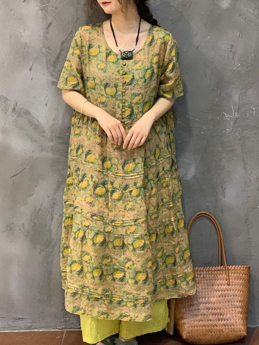 Women Summer Vintage Floral Spliced Ramie Dress FG1014 Ada Fashion