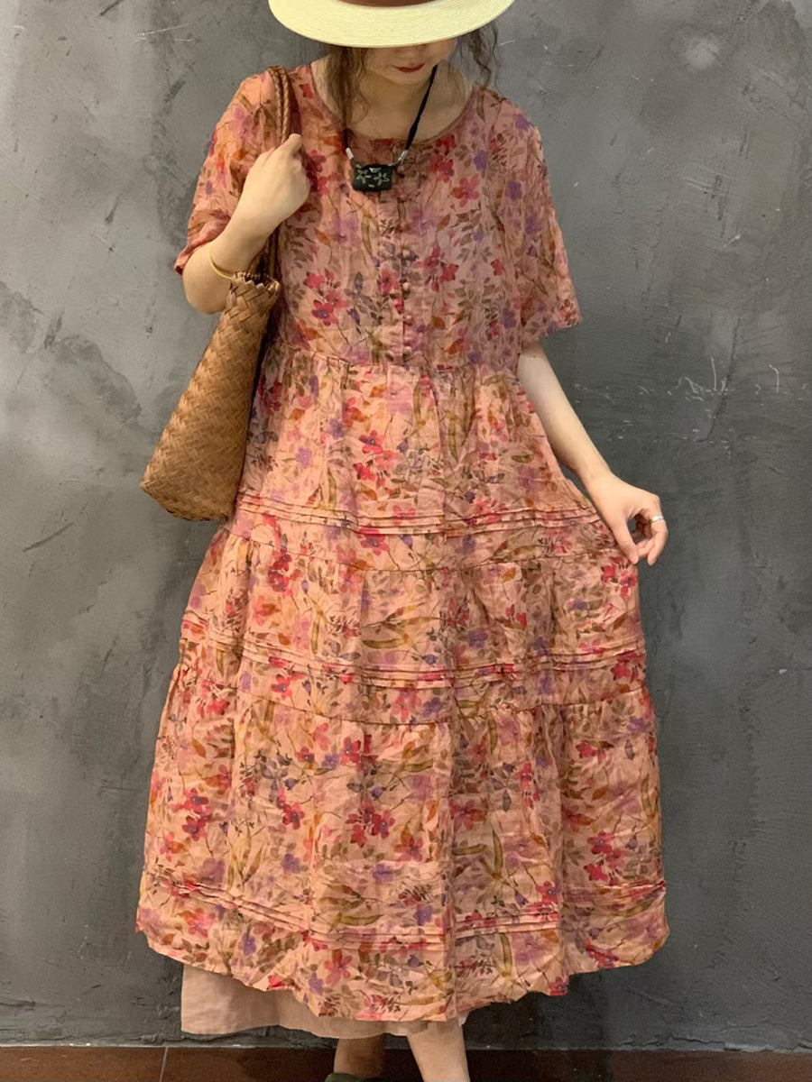 Women Summer Vintage Floral Spliced Ramie Dress FG1014 Ada Fashion