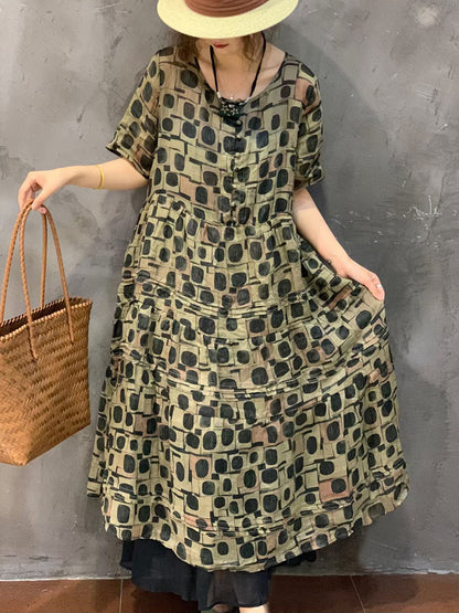 Women Summer Vintage Floral Spliced Ramie Dress FG1014 Ada Fashion