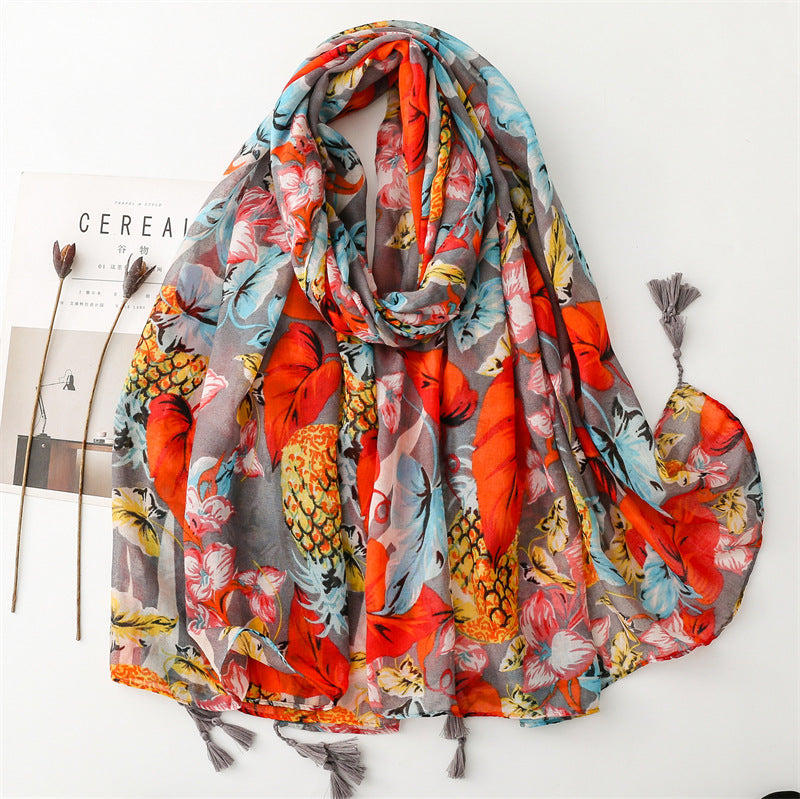 Women Artsy Flower Print Tassel Travel Shawl Scarf FG1003 Ada Fashion