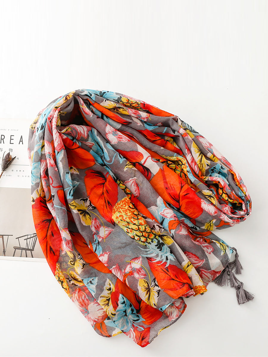 Women Artsy Flower Print Tassel Travel Shawl Scarf FG1003 Ada Fashion