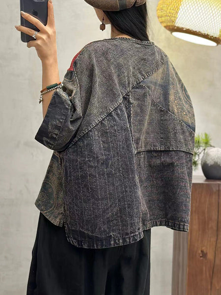 Women Summer Vintage Spliced Cotton Shirt FG1030 Ada Fashion