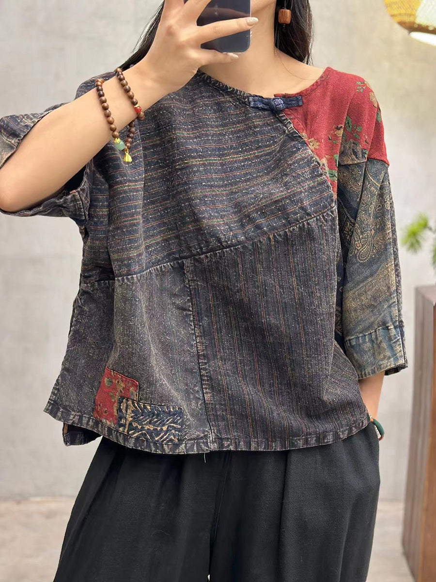 Women Summer Vintage Spliced Cotton Shirt FG1030 Ada Fashion