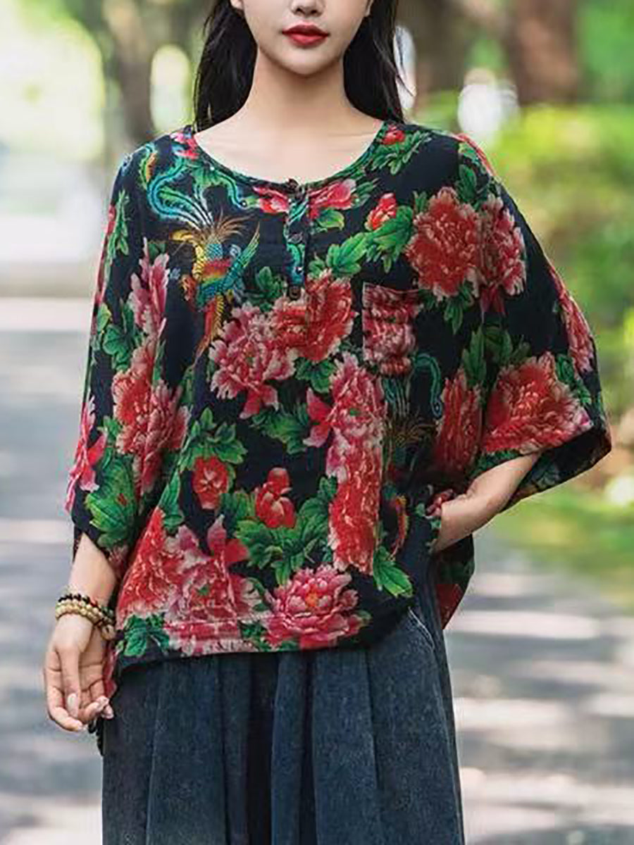 Women Summer Vintage Flower Loose Shirt FG1031 Ada Fashion