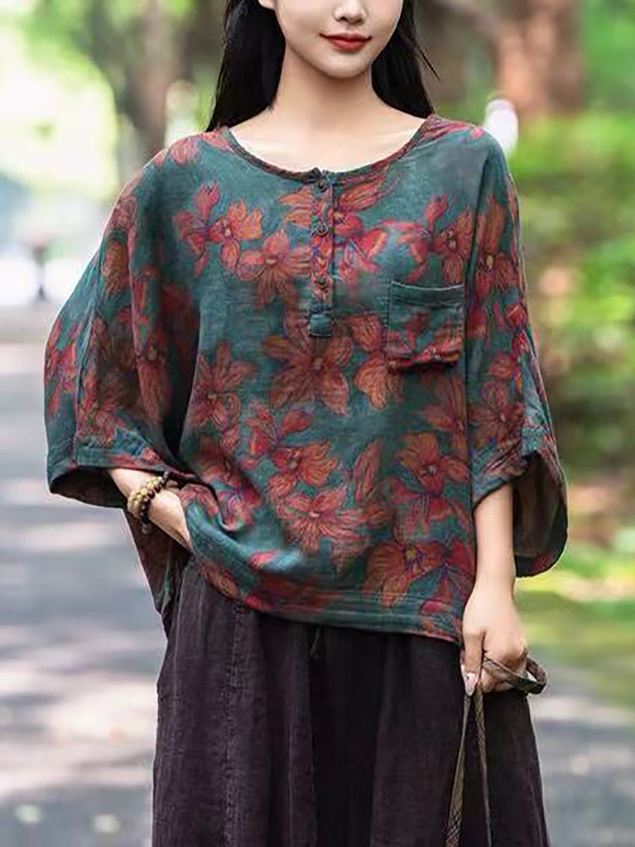 Women Summer Vintage Flower Loose Shirt FG1031 Ada Fashion