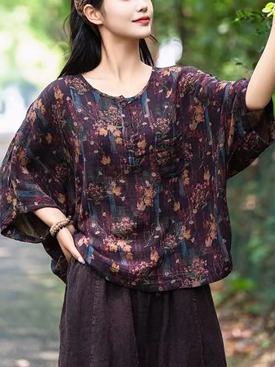 Women Summer Vintage Flower Loose Shirt FG1031 Ada Fashion