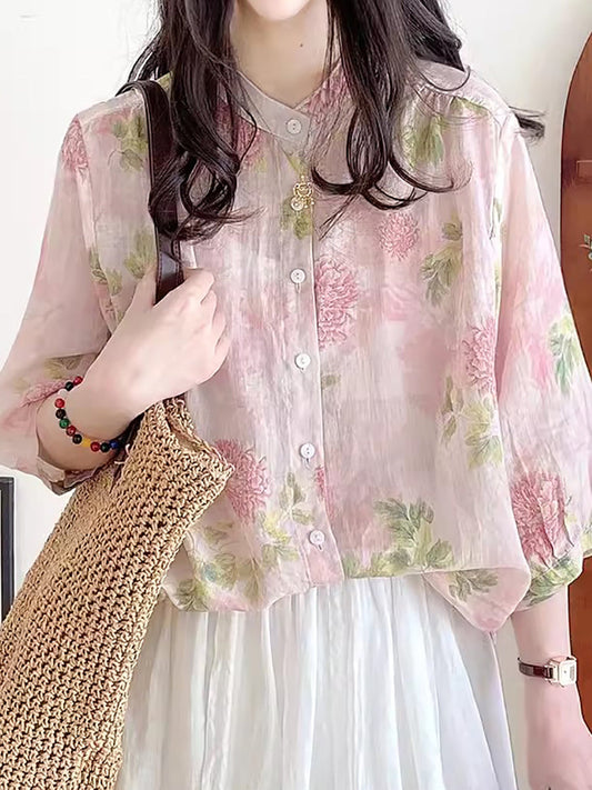 Women Summer Flower Vintage Ramie Button-up Shirt FG1033 Ada Fashion