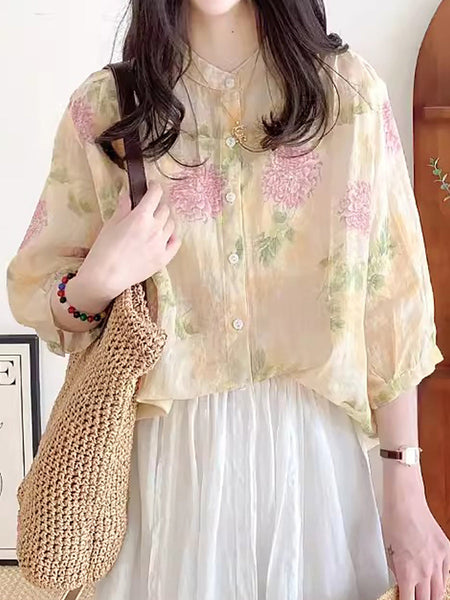 Women Summer Flower Vintage Ramie Button-up Shirt FG1033 Ada Fashion