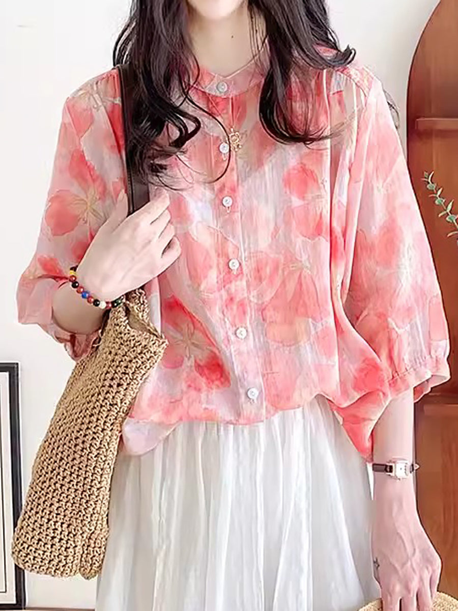 Women Summer Flower Vintage Ramie Button-up Shirt FG1033 Ada Fashion