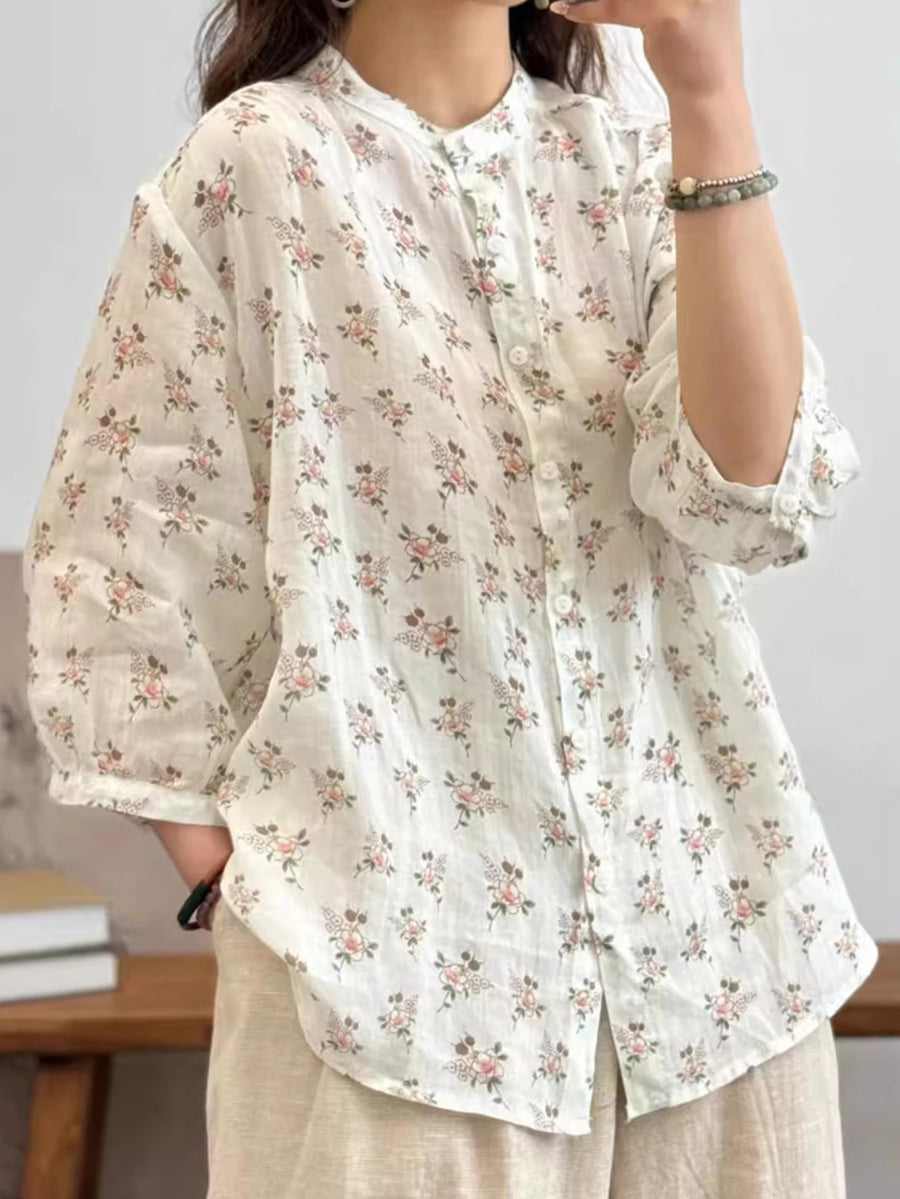 Women Summer Flower Vintage Ramie Button-up Shirt FG1033 Ada Fashion