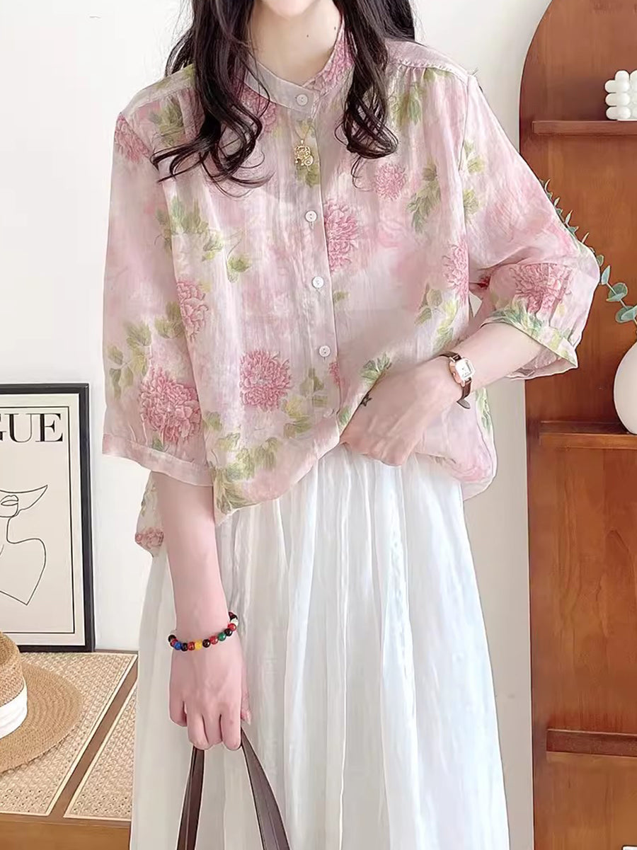 Women Summer Flower Vintage Ramie Button-up Shirt FG1033 Ada Fashion