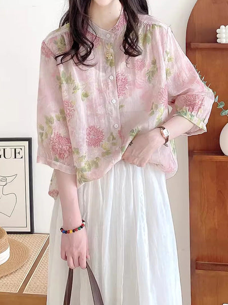 Women Summer Flower Vintage Ramie Button-up Shirt FG1033 Ada Fashion
