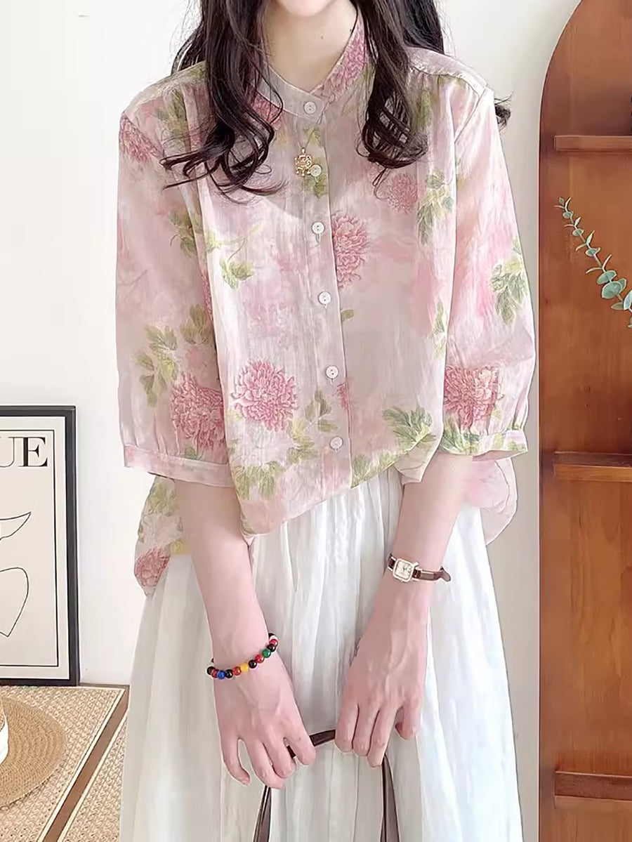 Women Summer Flower Vintage Ramie Button-up Shirt FG1033 Ada Fashion