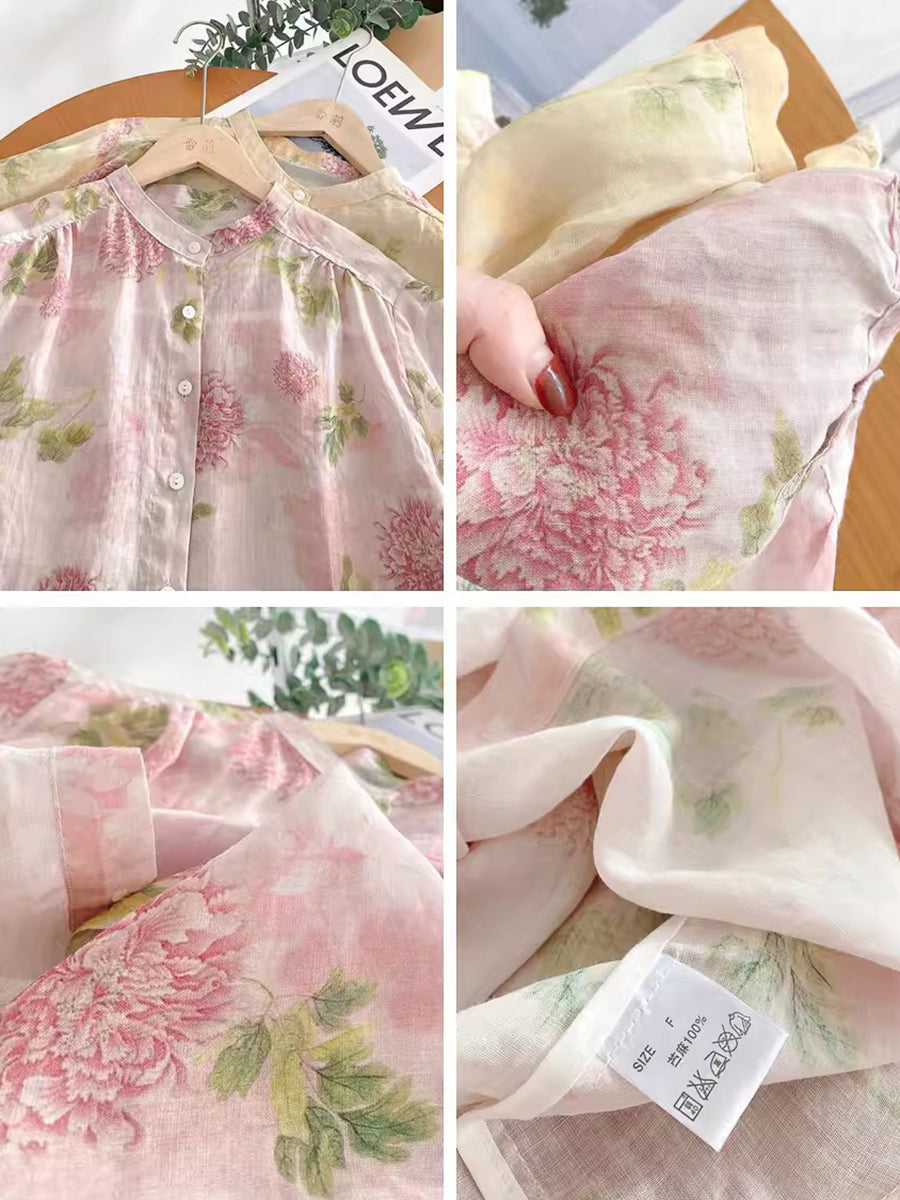 Women Summer Flower Vintage Ramie Button-up Shirt FG1033 Ada Fashion