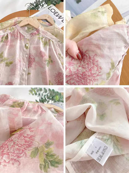 Women Summer Flower Vintage Ramie Button-up Shirt FG1033 Ada Fashion