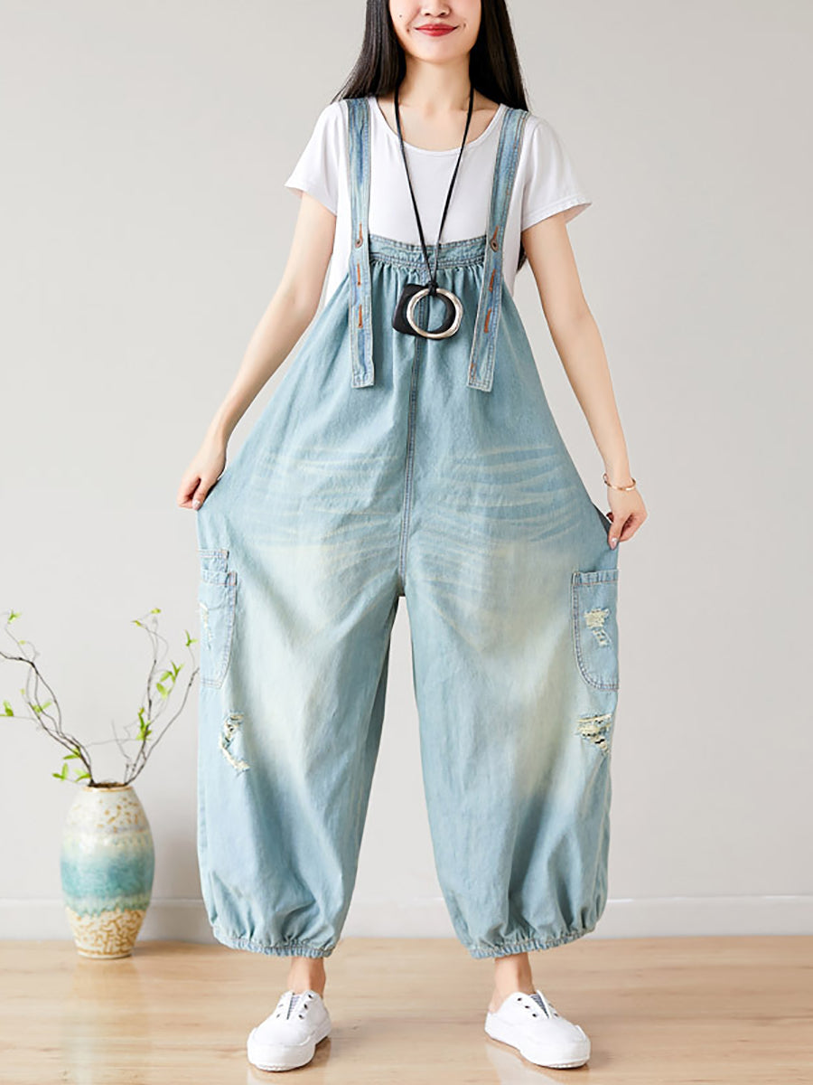 Women Summer  Retro Frayed Washed Denim Jumpsuits FG1034 Ada Fashion