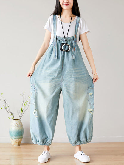 Women Summer  Retro Frayed Washed Denim Jumpsuits FG1034 Ada Fashion