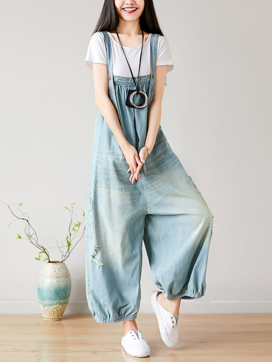 Women Summer  Retro Frayed Washed Denim Jumpsuits FG1034 Ada Fashion