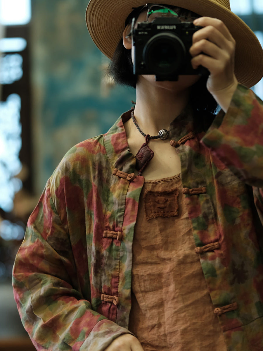 Women Summer Retro Flower Button-up Long Ramie Shirt FG1041 Ada Fashion