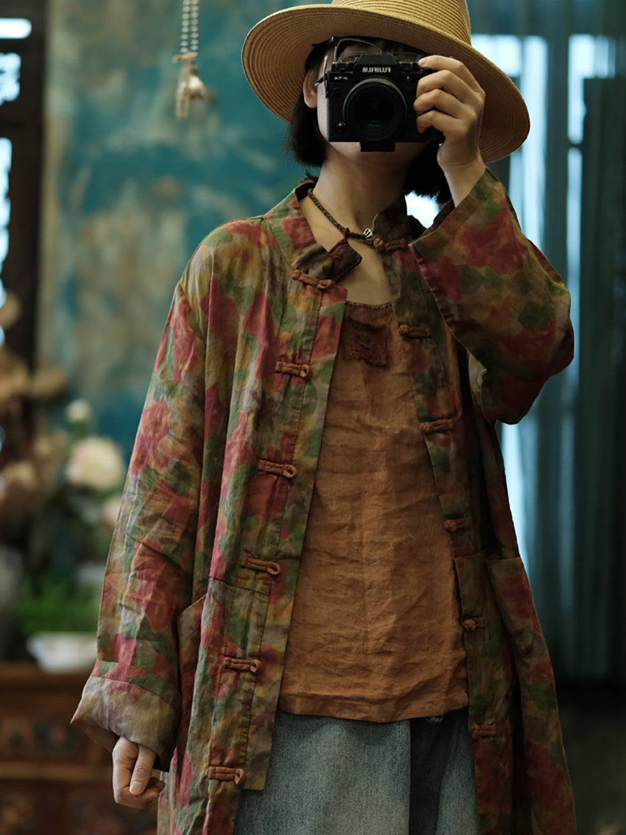 Women Summer Retro Flower Button-up Long Ramie Shirt FG1041 Ada Fashion