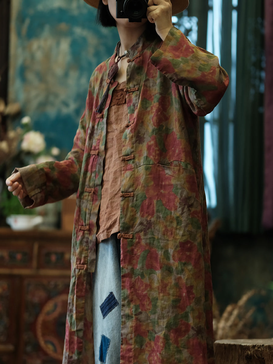 Women Summer Retro Flower Button-up Long Ramie Shirt FG1041 Ada Fashion